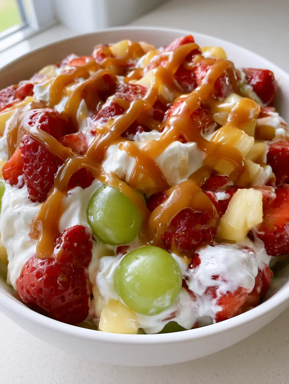 A large white ceramic bowl filled with a dense Cheesecake Fruit Salad featuring strawberries, green grapes, and pineapple chunks topped with caramel.