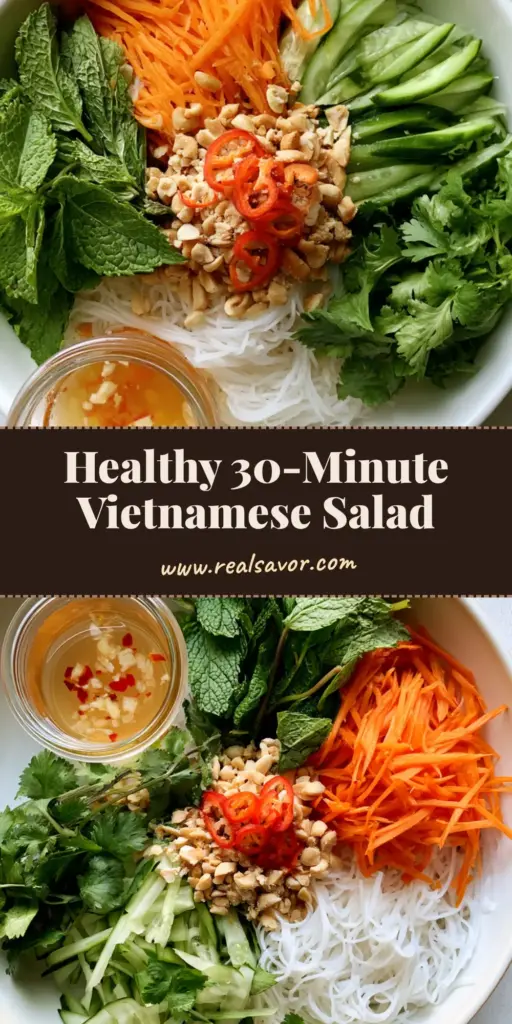 A top-down smartphone photo of a Vietnamese Noodle Salad in a white bowl with julienned carrots, cucumbers, herbs, and peanuts, served with a jar of amber dressing.
