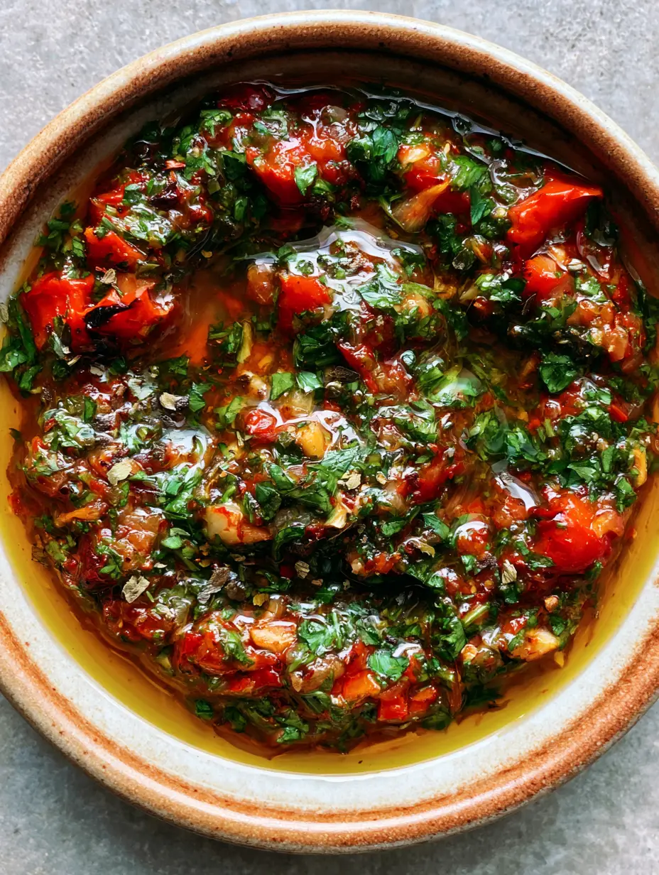 Close-up of Smoky Red Chimichurri Sauce in a rustic bowl with visible bits of charred peppers and green parsley in olive oil.