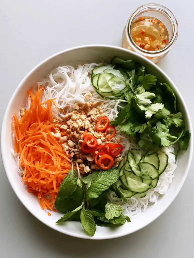 Close-up of Vietnamese Noodle Salad garnishes featuring crushed roasted peanuts and thin red chili rings.