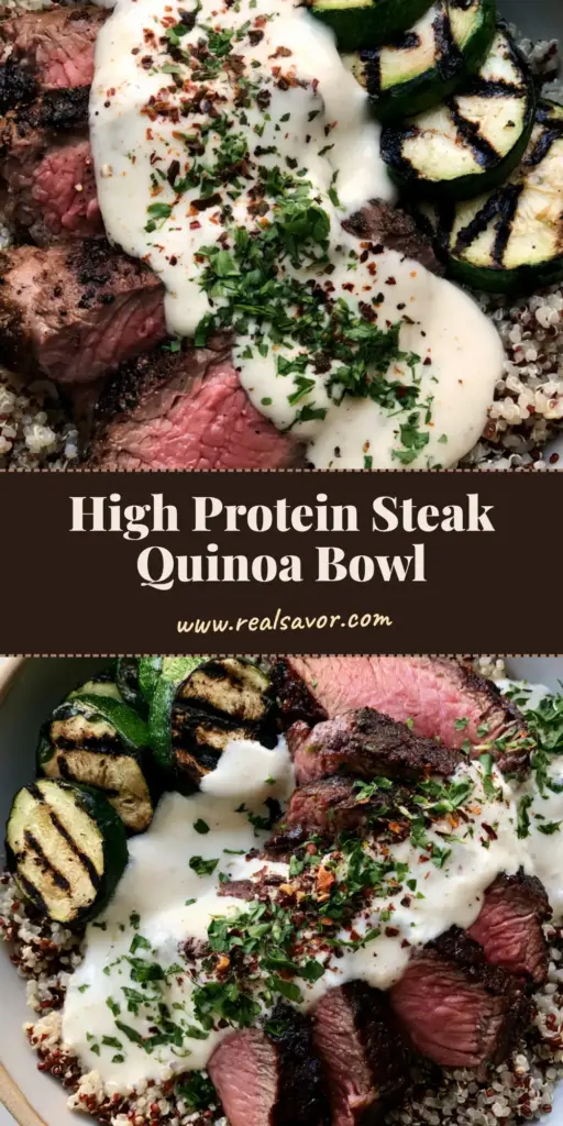 A top-down shot of a Grilled Steak Bowl featuring seared medium-rare steak slices, charred zucchini rounds, and white and red quinoa, drizzled with white garlic cream sauce.