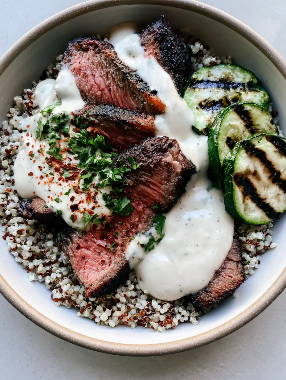 Close-up of a Grilled Steak Bowl showing the dark charred crust on the steak and fluffy bi-color quinoa base.