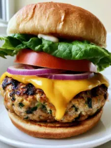 Close-up of a seared turkey patty with visible herbs and drooping melted cheese. (Juicy Turkey Burger Recipe)