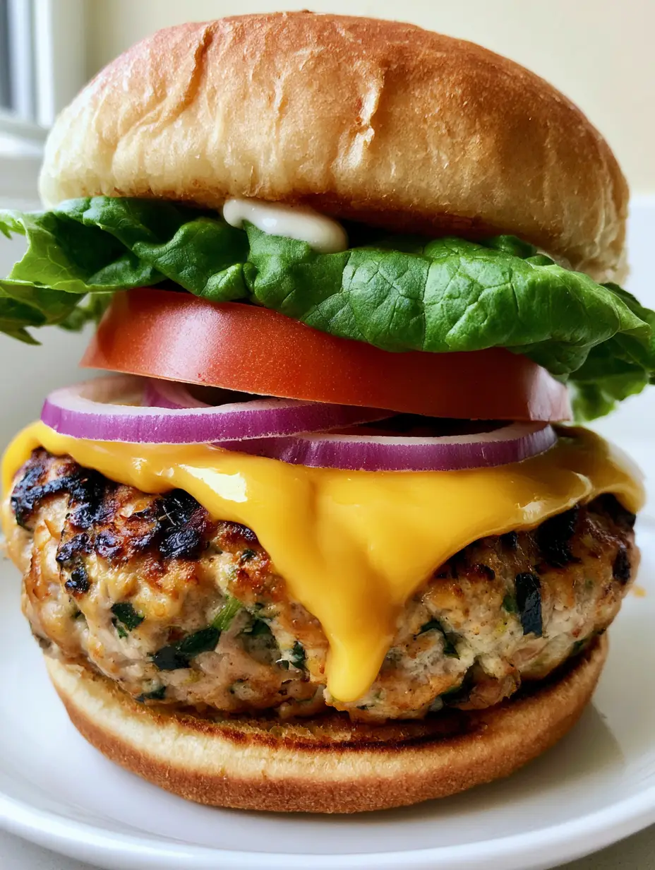 Close-up of a seared turkey patty with visible herbs and drooping melted cheese. (Juicy Turkey Burger Recipe)