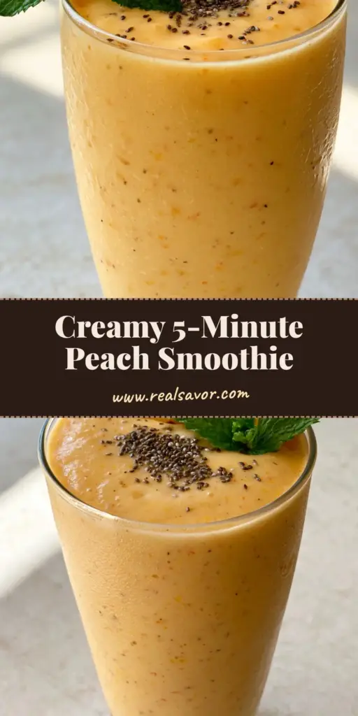 A thick Frozen Peach Smoothie in a tall glass with a fresh peach slice, mint, and chia seeds on a stone surface.