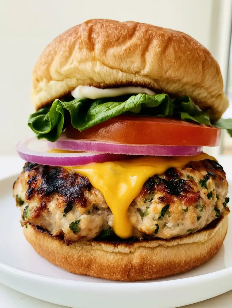 Assembled turkey burger on a brioche bun with butter lettuce and red onion. (Juicy Turkey Burger Recipe)