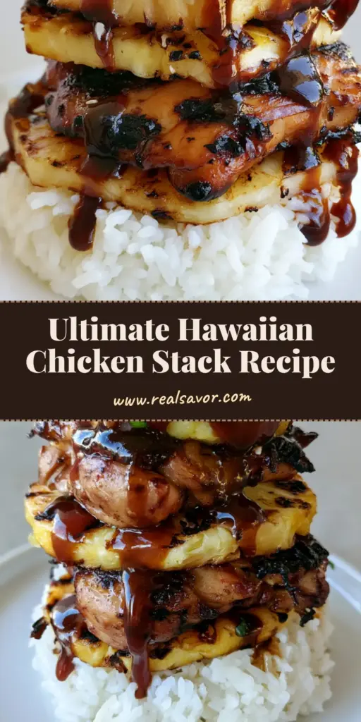 A towering stack of charred Hawaiian Huli Huli Chicken and grilled pineapple rings over fluffy white rice with dripping teriyaki glaze.
