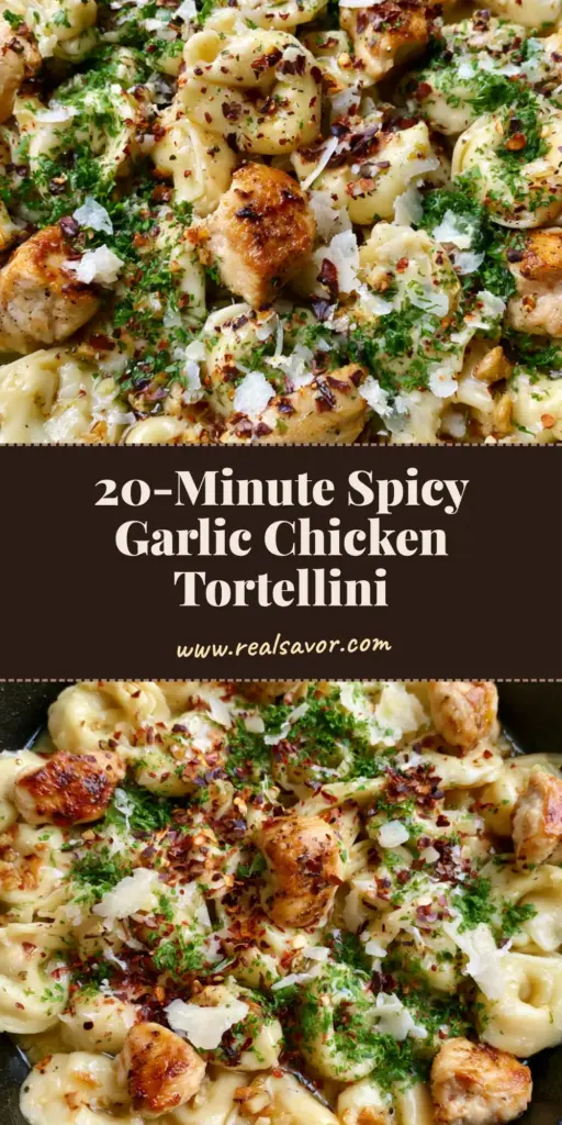 A black cast iron skillet filled with glossy Spicy Garlic Butter Chicken Tortellini, garnished with shaved parmesan and red pepper flakes.
