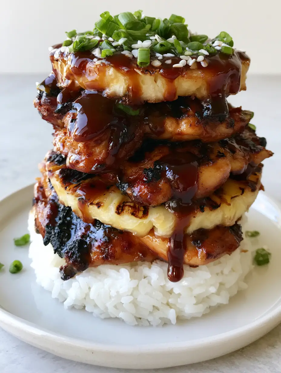 Close up photo of charred chicken thighs and grilled pineapple rings with dark brown glaze. (Hawaiian Huli Huli Chicken)