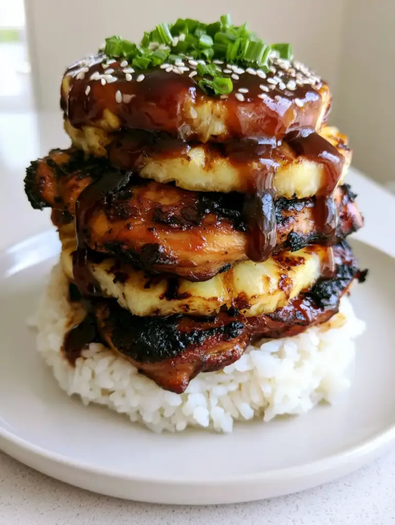A smartphone photo showing the vertical stack of Huli Huli chicken and pineapple on white rice. (Hawaiian Huli Huli Chicken)