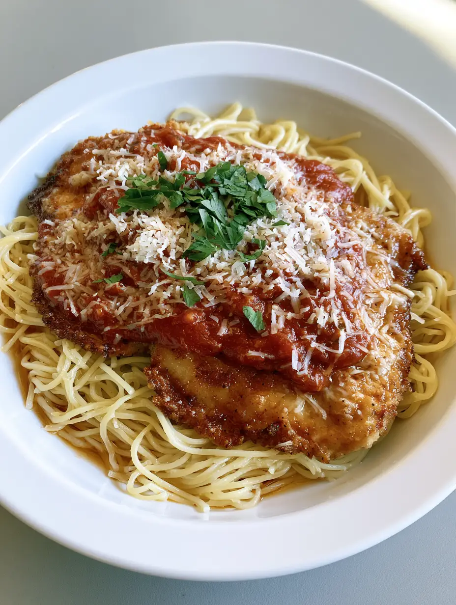 Handheld photo of a Chicken Romano Recipe plate with thin spaghetti, golden chicken cutlets, and thick pomodoro sauce.