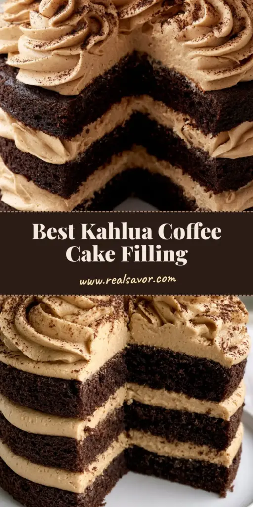 A close-up of a three-layer chocolate cake with thick tan Kahlua Buttercream Cake Filling and piped swirls.