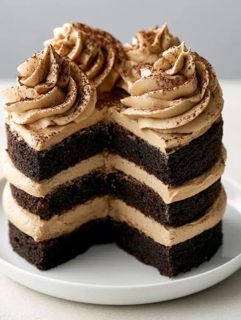 A slice removed from a three-layer chocolate cake with thick layers of tan Kahlua Buttercream Cake Filling. (Kahlua Buttercream Cake Filling)