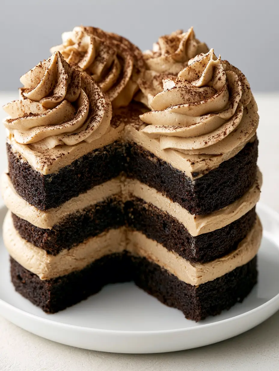 A slice removed from a three-layer chocolate cake with thick layers of tan Kahlua Buttercream Cake Filling. (Kahlua Buttercream Cake Filling)