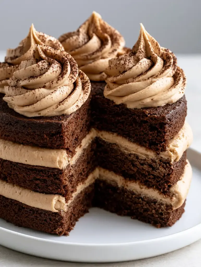 Top view of large stiff-peaked swirls of coffee buttercream with an espresso powder dusting. (Kahlua Buttercream Cake Filling)