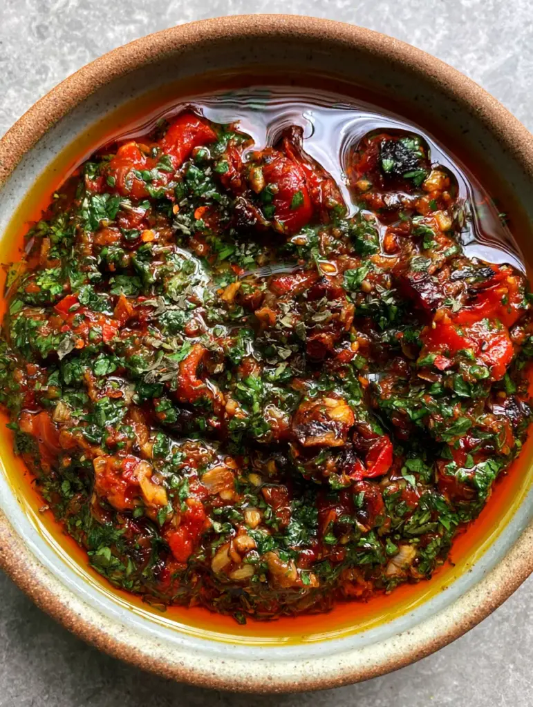 Overhead view of Smoky Red Chimichurri Sauce on a grey stone surface with natural light reflections.