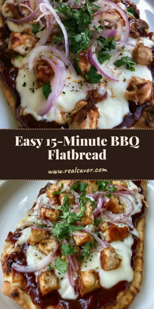 A smartphone photo of a crispy rectangular BBQ Chicken Flatbread on a white plate with bubbly melted mozzarella cheese, red onions, and fresh cilantro.