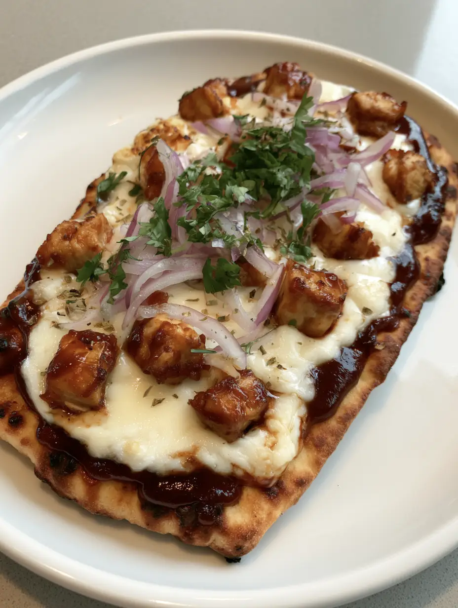 A handheld smartphone shot of a rectangular BBQ Chicken Flatbread pizza with dark reddish-brown barbecue sauce and thick bubbling melted mozzarella cheese.
