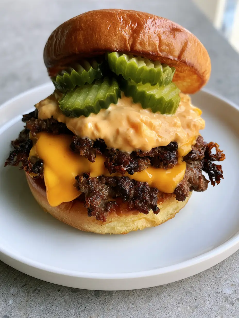 Close-up of a single Classic Smash Burger showing the highly textured crispy beef edges and melted orange cheese.
