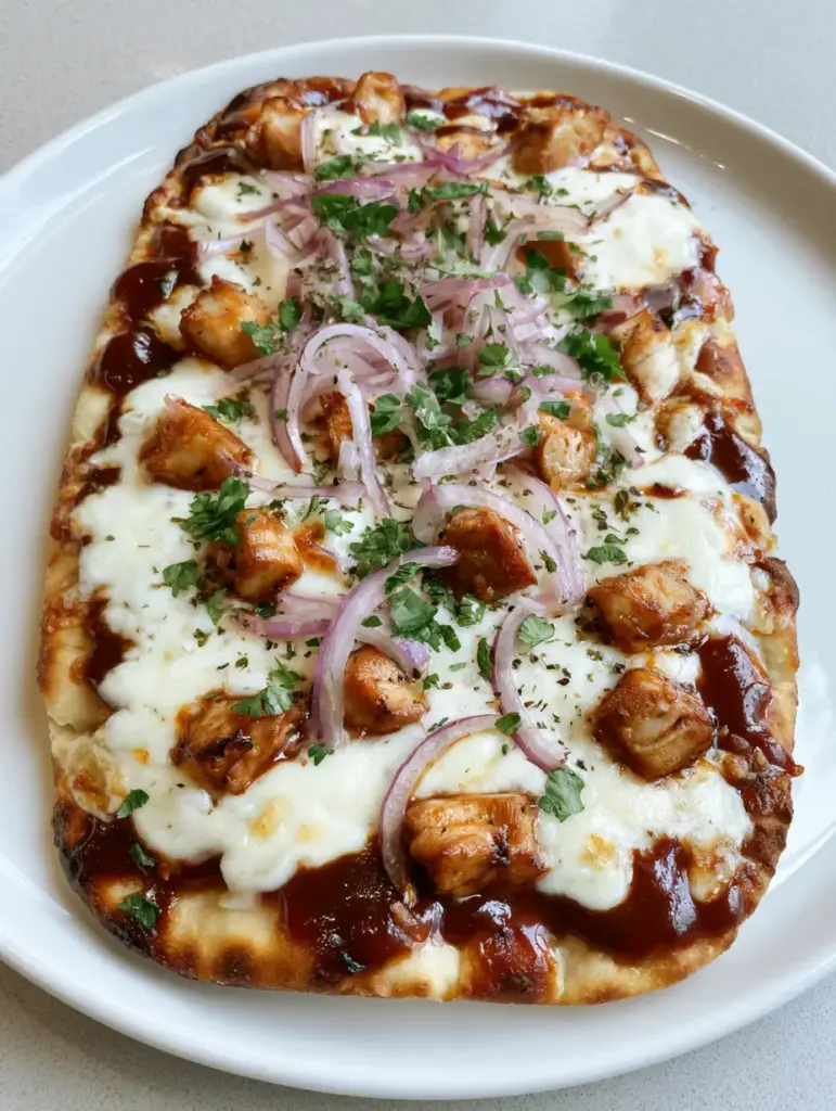 An authentic food photograph of a gourmet BBQ Chicken Flatbread showing translucent red onion slices, roasted chicken cubes, and fresh cilantro garnish.