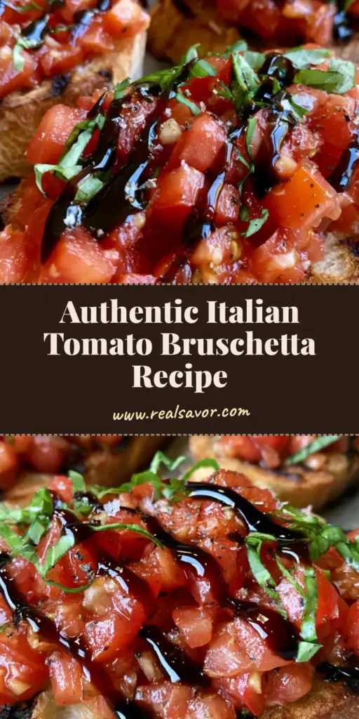 A handheld smartphone photo of Authentic Italian Bruschetta with charred baguette edges, diced tomatoes, basil ribbons, and balsamic glaze drizzle on a stone surface.