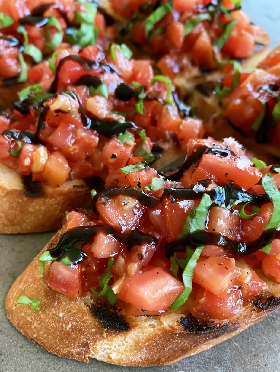Close up view of Roma tomatoes and fresh basil on toasted rustic bread slices. (Authentic Italian Bruschetta)