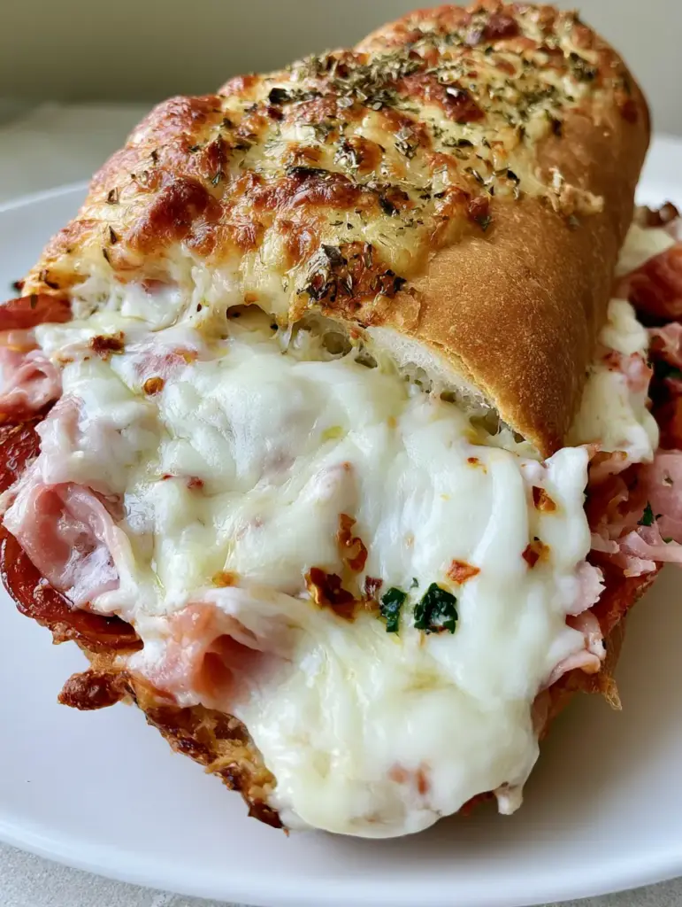 Detailed view of bubbly melted mozzarella and herb butter on a sub roll. (Baked Italian Grinder Sandwiches)