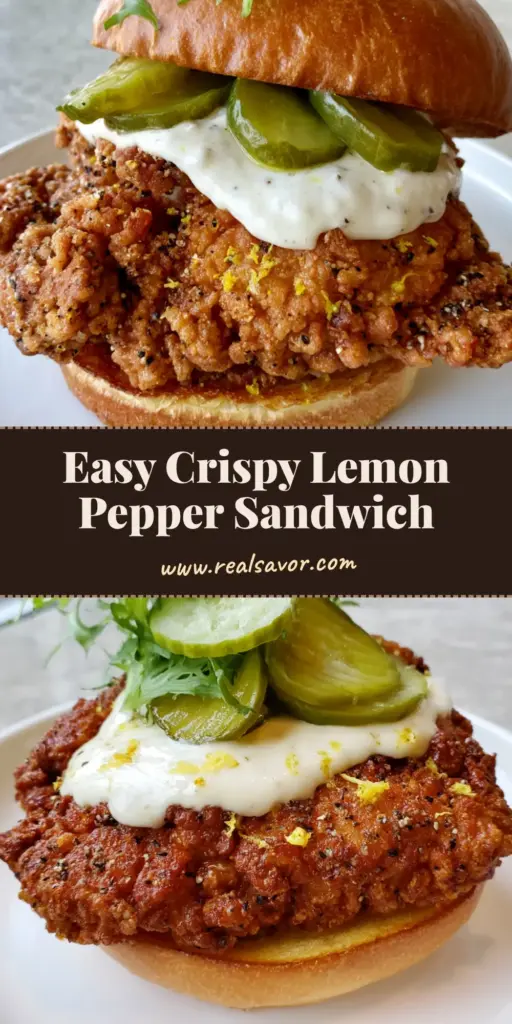 A gourmet Crispy Lemon Pepper Chicken Sandwich on a white plate with visible cracked pepper and lemon zest. (Crispy Lemon Pepper Chicken Sandwich)