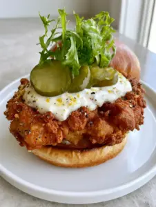 Close-up of a double-breaded chicken breast with yellow lemon zest flakes and black pepper. (Crispy Lemon Pepper Chicken Sandwich)