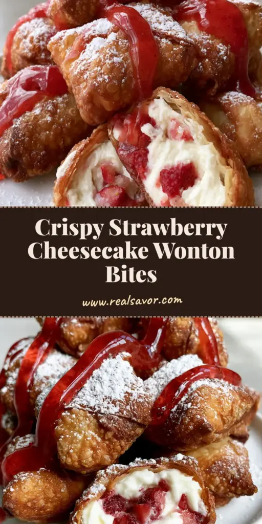 A stack of deep-fried Strawberry Cheesecake Wonton Bites on a white plate, drizzled with red strawberry sauce and dusted with powdered sugar.