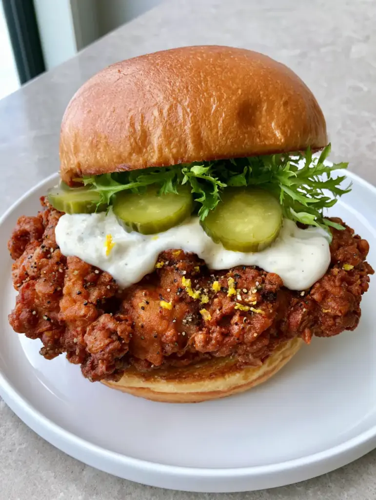 A handheld shot of the Crispy Lemon Pepper Chicken Sandwich on a toasted brioche bun with frisee lettuce.