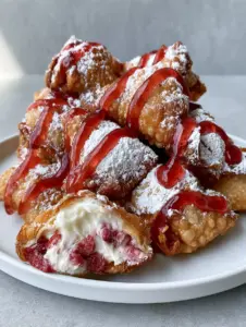 A pile of golden-brown Strawberry Cheesecake Wonton Bites with a bubbly texture, served on a white ceramic plate with a translucent red sauce zig-zag.