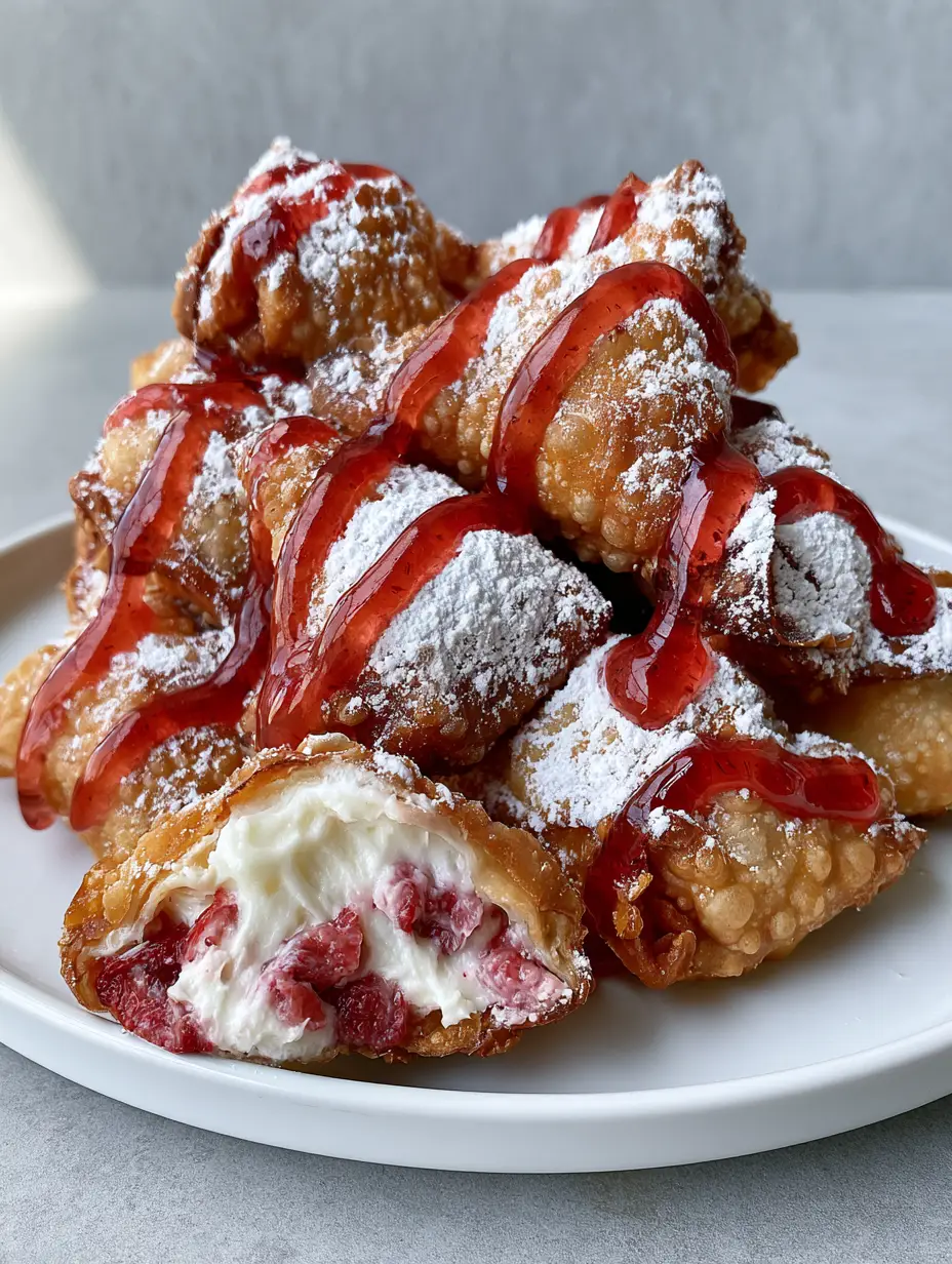 A pile of golden-brown Strawberry Cheesecake Wonton Bites with a bubbly texture, served on a white ceramic plate with a translucent red sauce zig-zag.