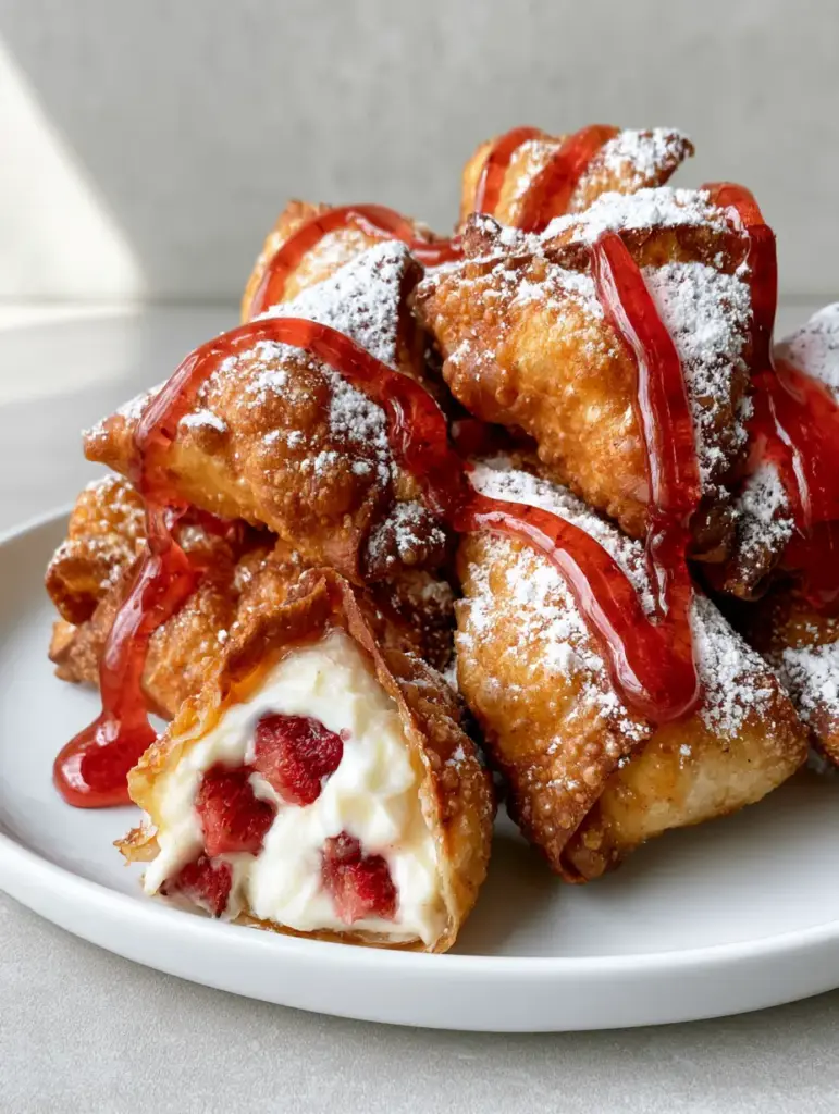 A close-up cross-section of a Strawberry Cheesecake Wonton Bite showing thick white cream cheese and softened red strawberry chunks inside a crispy shell.