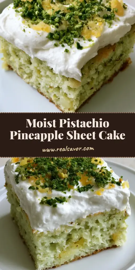 A square slice of Pistachio Pineapple Cake with a one-inch thick layer of whipped cream frosting, sprinkled with nuts and pineapple.