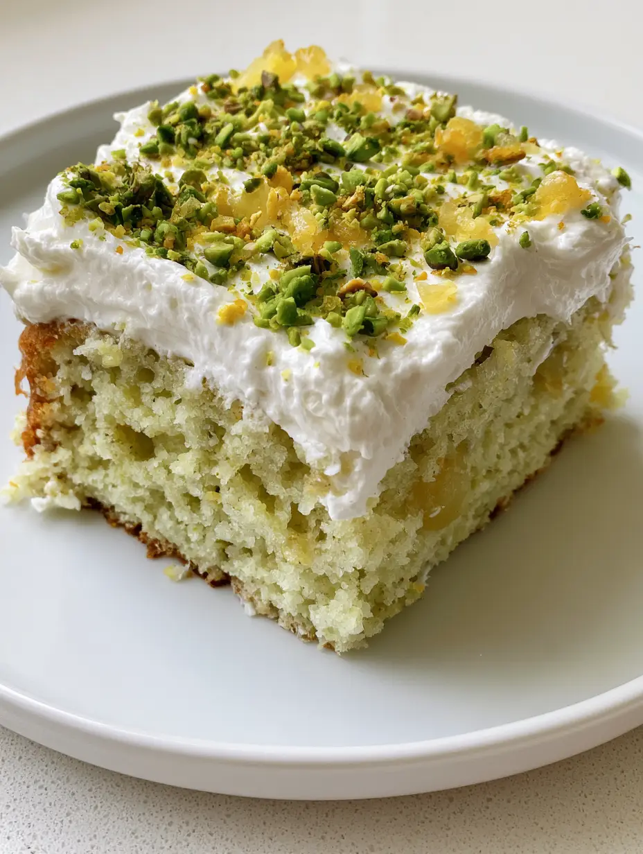 A handheld photo showing the moist, open crumb texture of a Pistachio Pineapple Cake slice on a white plate.