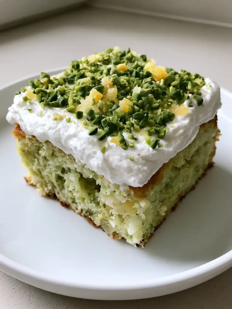Top-down view of the thick white whipped cream frosting topped with chopped pistachios and yellow pineapple bits.