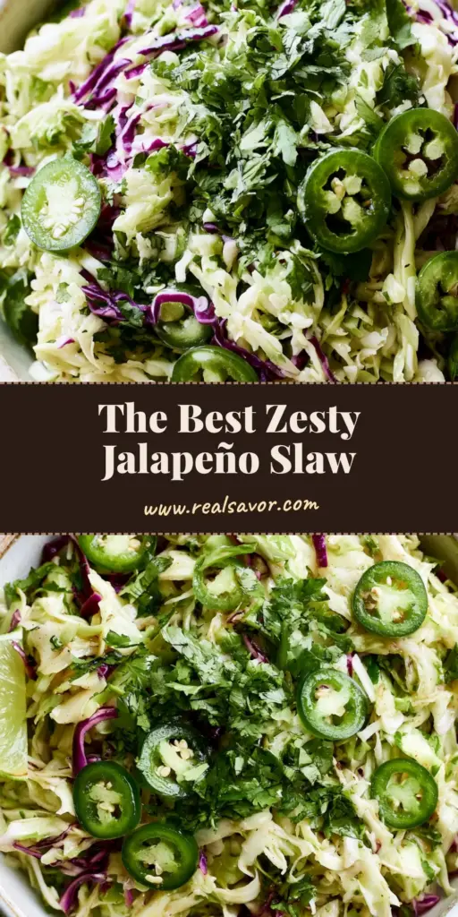 A tall Pinterest pin image showing a rustic white bowl filled with crunchy Jalapeño Slaw, featuring red and green cabbage ribbons and circular jalapeño slices.