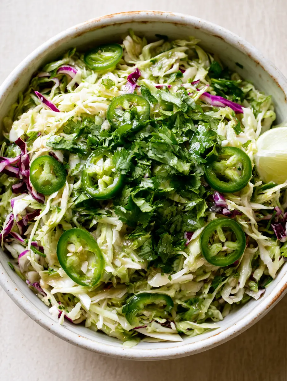 Top-down view of a white ceramic bowl overflowing with Jalapeño Slaw, showing vibrant green and red cabbage and thin jalapeño rounds. (Jalapeño Slaw)