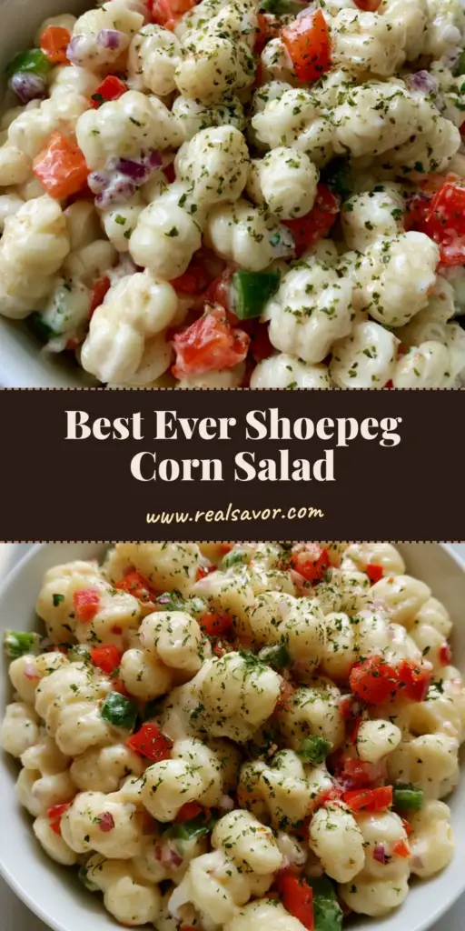 A top-down view of Shoepeg Corn Salad in a white bowl featuring ivory corn, diced red and green peppers, and dried parsley.
