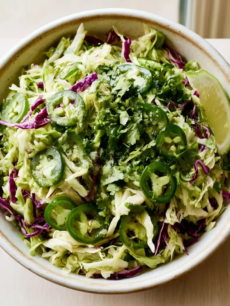 Close-up shot of glossy Jalapeño Slaw highlighting the texture of the cabbage and the seeds in the jalapeño slices.